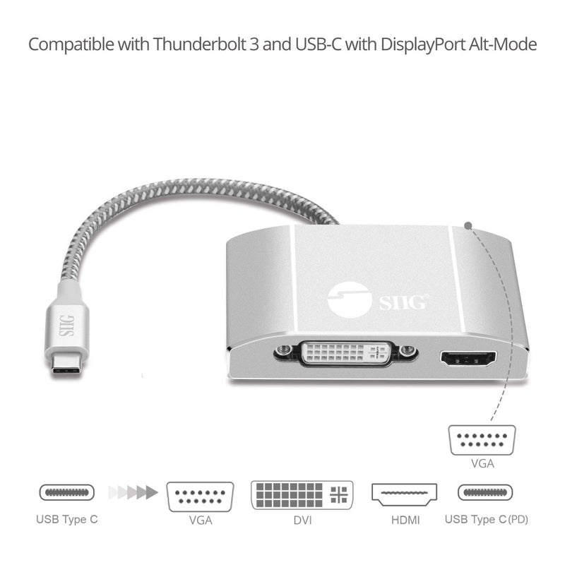 SIIG USB-C to HDMI/DVI/VGA Video Monitor Adapter with 60W Laptop Charging PD - USB Type-C Multiport Display Converter Dock - Thunderbolt 3 Compatible for MacBook, Chromebook, More CB-TC0911-S1 - Image 3